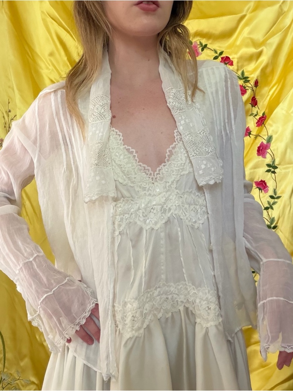 Antique Edwardian White Cotton Ivory Lace Trim Sleep Chemise Sheer Caridgan